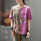 women embroidered cartoon retro casual t-shirt