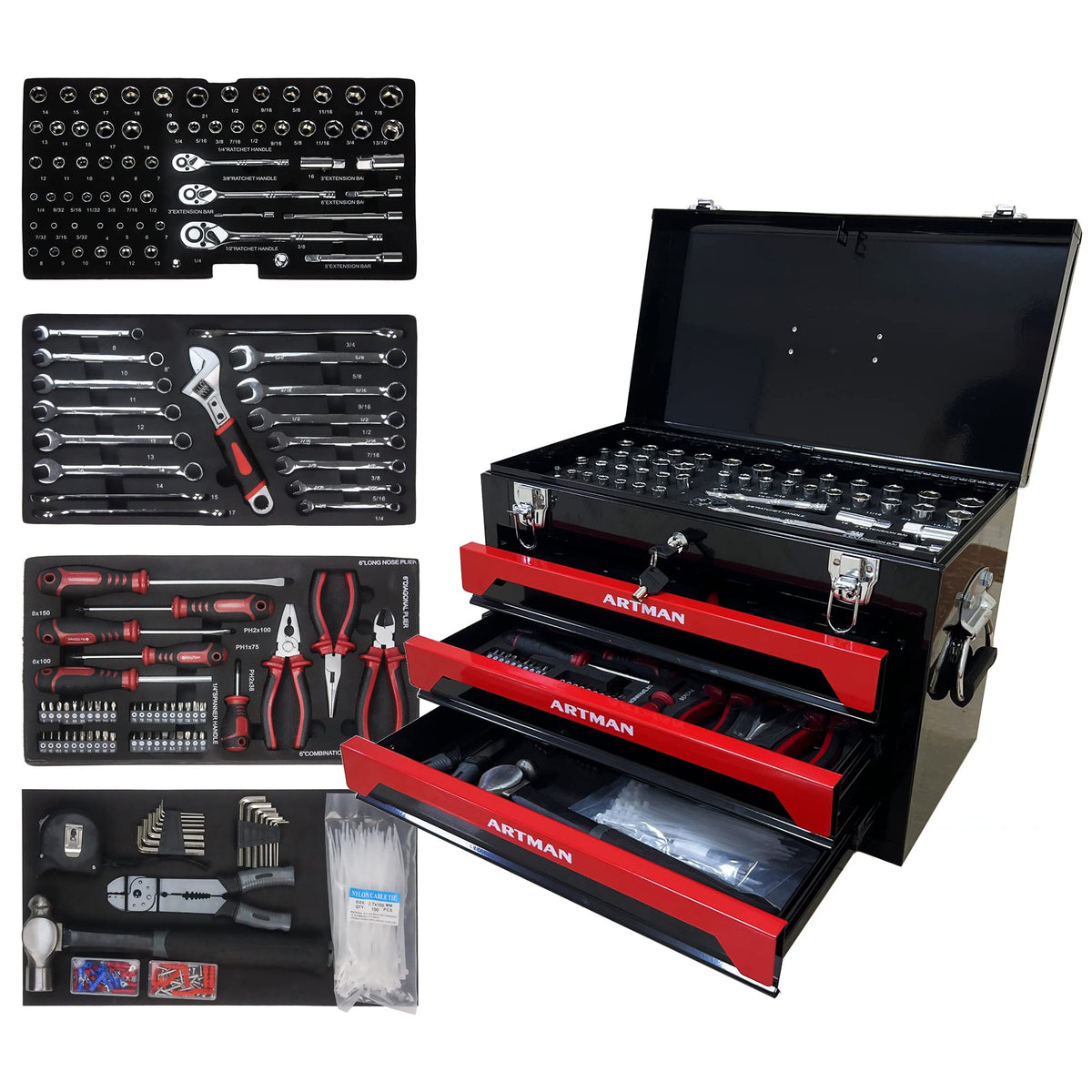 439PCS Tool Set, Mechanic Tool Set for Home, Tool Box Set 4-Tier Socket Wrench Ratchet Plier Nails, Home Tool Set Mechanics Kit with 3 Drawers Organizer for Adults Man Handyman, Red