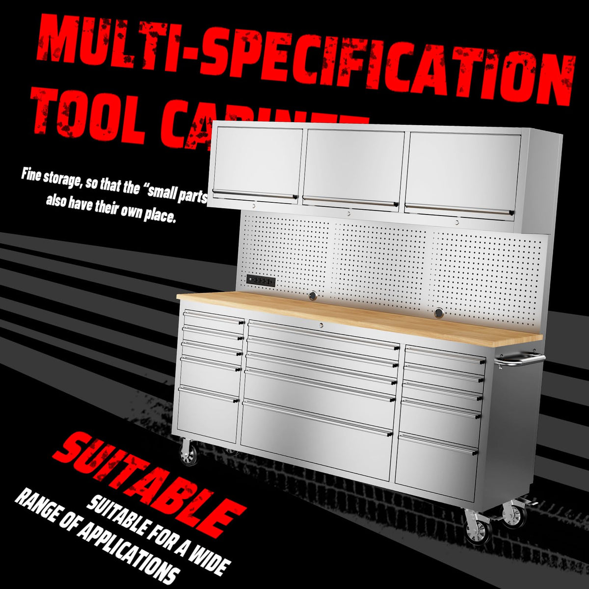 72-inch Rolling Tool Cabinet Mobile Workbench Tool Chest with 15 StoraDrawers, Wheels, 3 Uper Cabinet, Outlet, SS Pegboard,  Steel