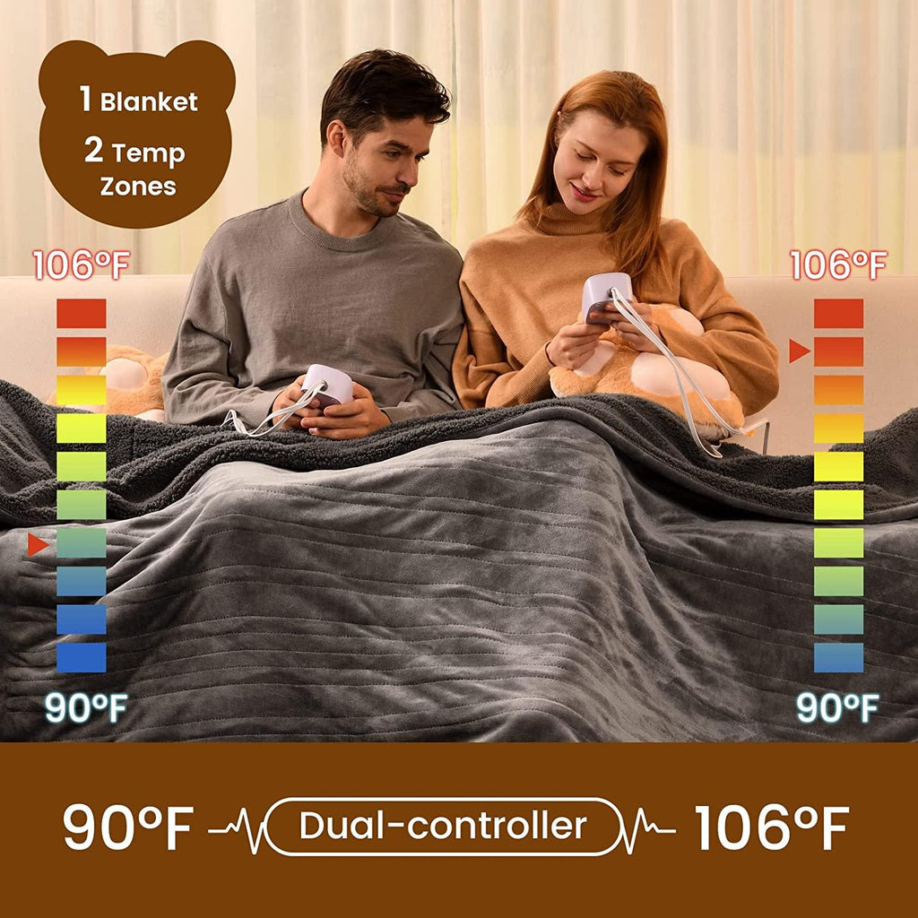 [Lanuch]  Size 100" x 90" Electric Heated Throw Blanket, Dual Controllers, 5 Year Warranty, Velvet/Sherpa, 10 Heating Levels &amp; 1-12H Auto Off, Over-Heat Protect, ETL, Machine Washable