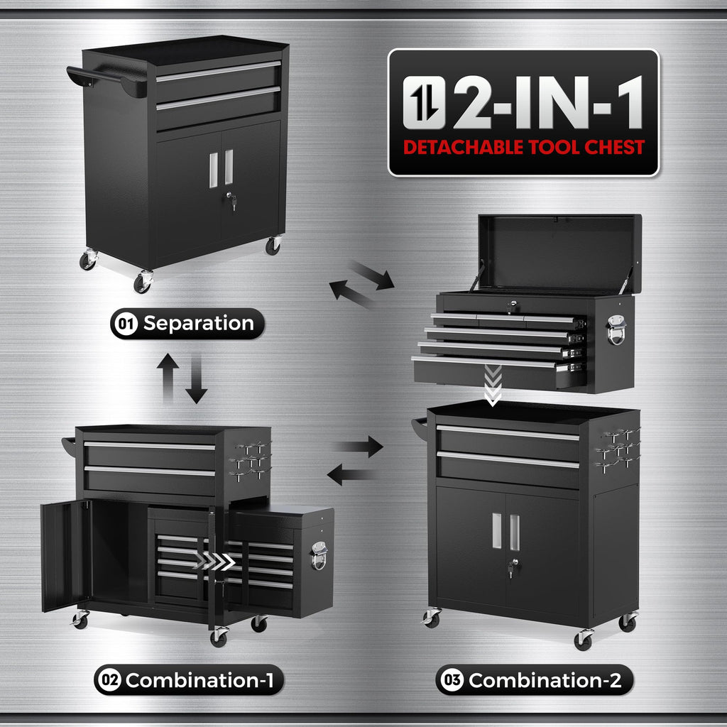 8-Drawers Rolling Tool Chest, Assembled Tool Chest with Wheels, Detachable Top Tool Box, Tool Cabinet for Repair Room,Warehouse, Rolling Tool Box with Hooks,Tray Divider,Liners(Black)