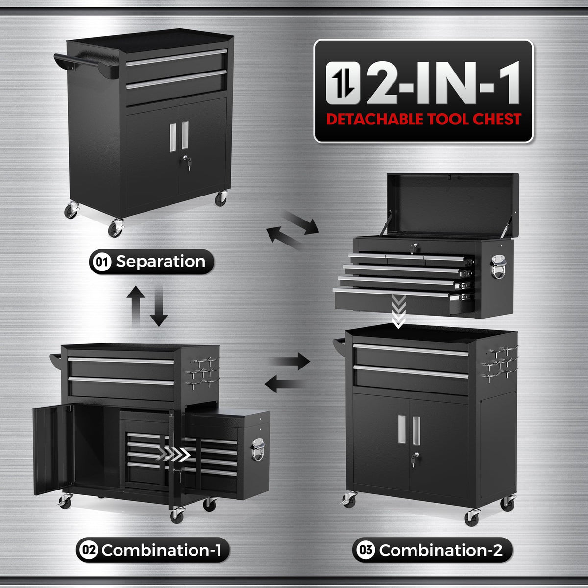 8-Drawers Rolling Tool Chest, Assembled Tool Chest with Wheels, Detachable Top Tool Box, Tool Cabinet for Repair Room,Warehouse, Rolling Tool Box with Hooks,Tray Divider,Liners(Black)