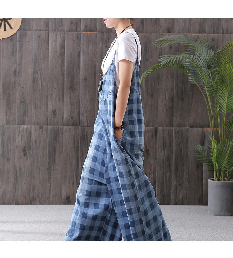 Plaid Bib Loose Literary Casual Jumpsuits