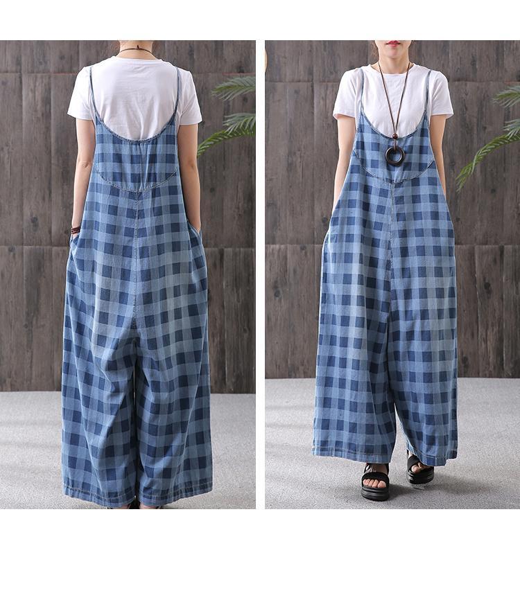 Plaid Bib Loose Literary Casual Jumpsuits