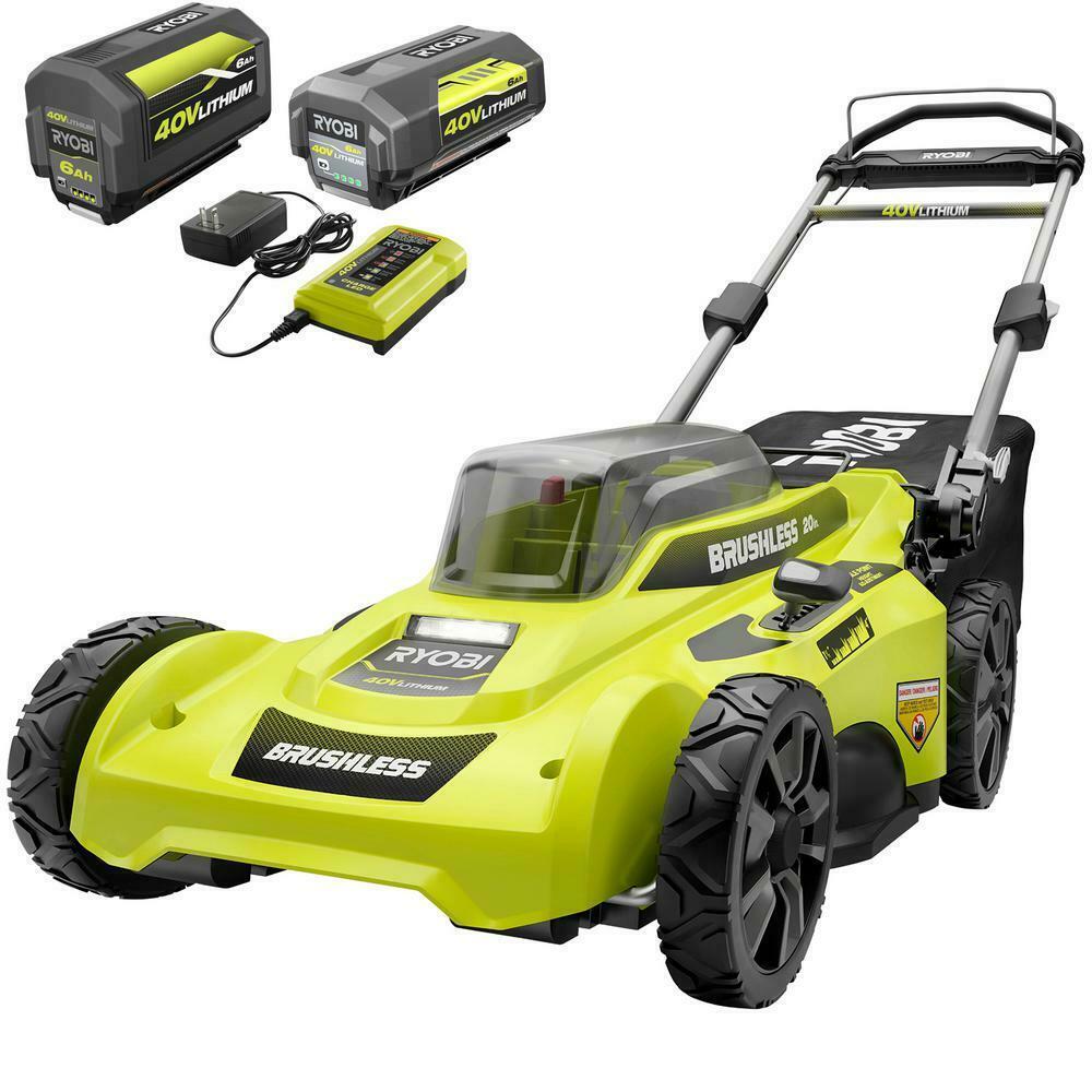 RYOBI Push Lawn Mower 20 in. 40-Volt 6.0 AhBatteries Charger Cordless Brushless