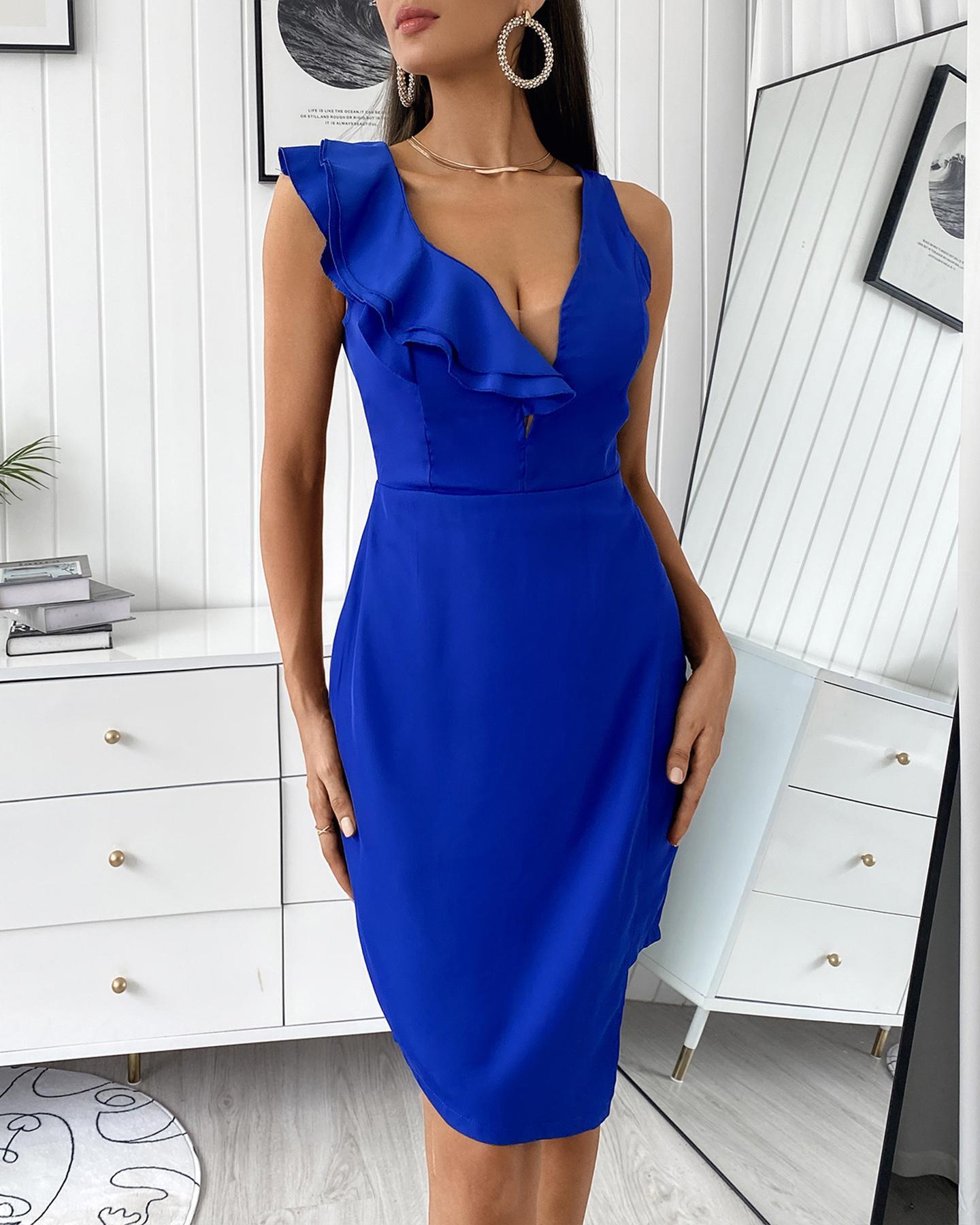 ruffles sheer mesh slit zipper design dress