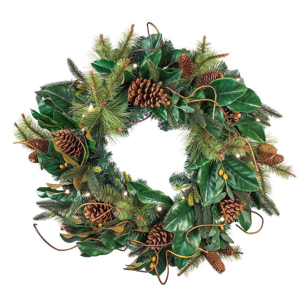 30 in. Artificial Pre-Lit LED Magnolia Leaf Wreath