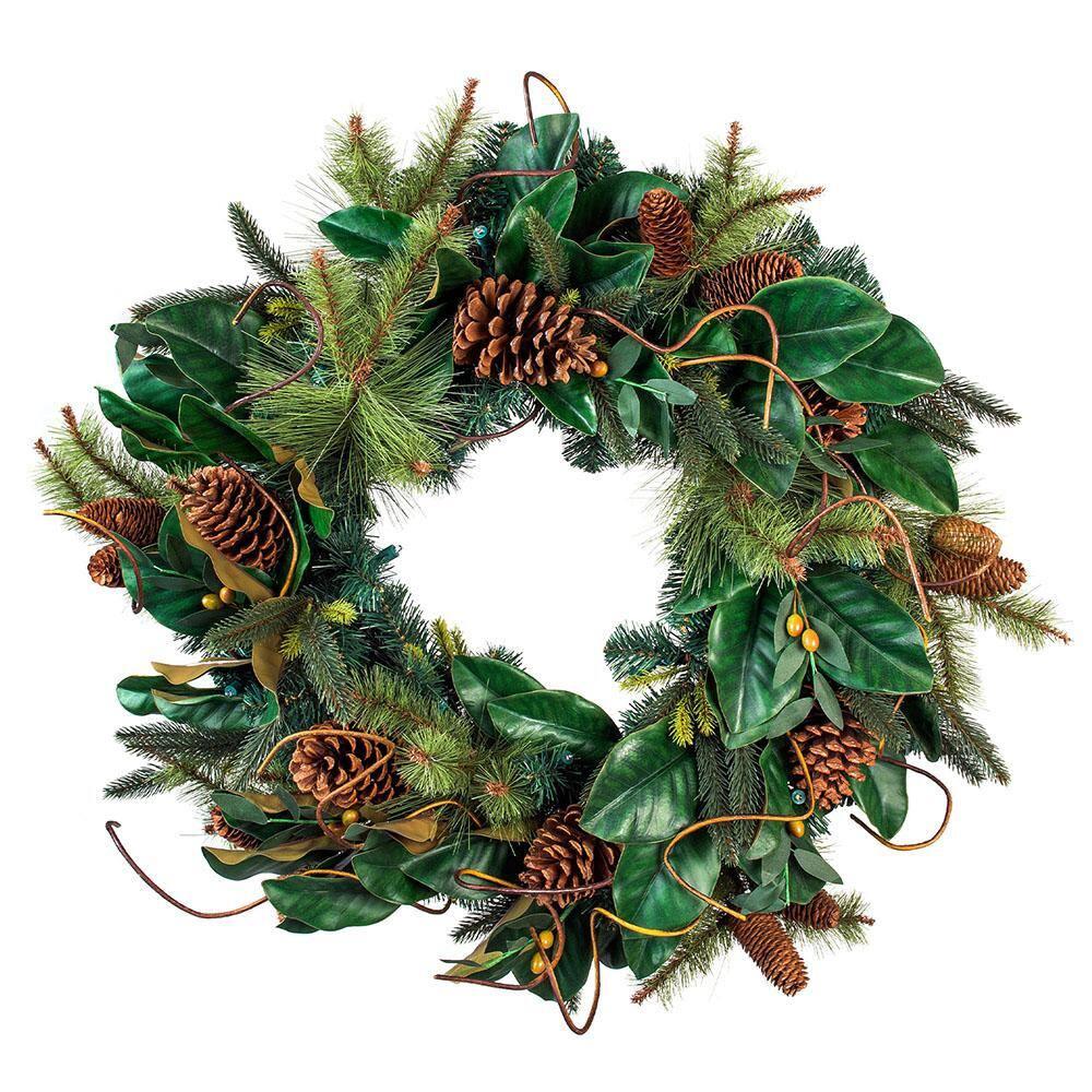 30 in. Artificial Pre-Lit LED Magnolia Leaf Wreath
