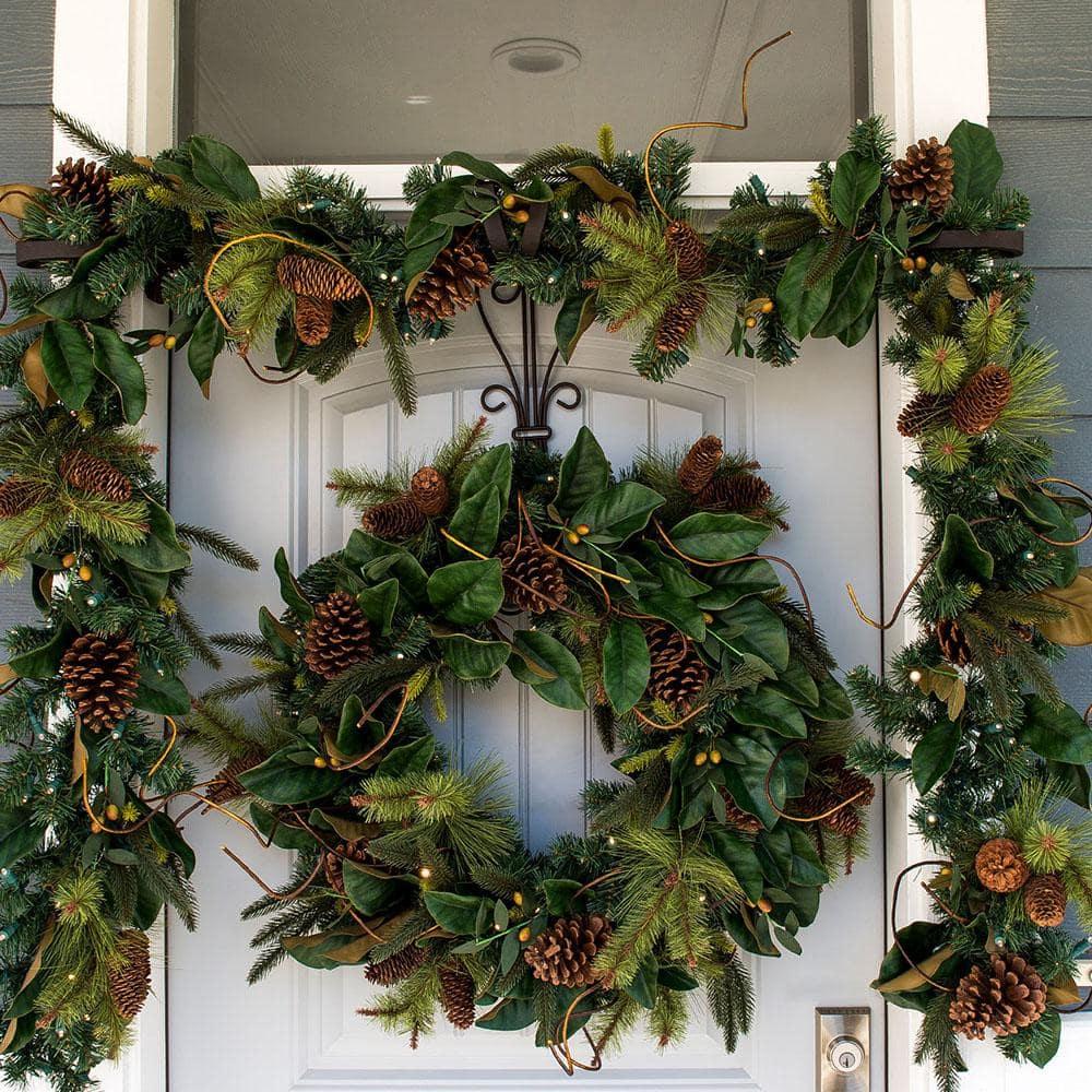 30 in. Artificial Pre-Lit LED Magnolia Leaf Wreath
