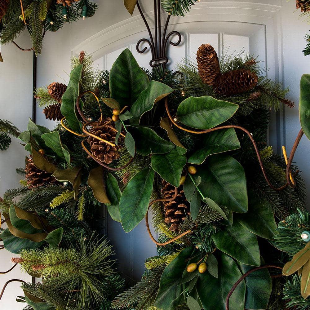 30 in. Artificial Pre-Lit LED Magnolia Leaf Wreath