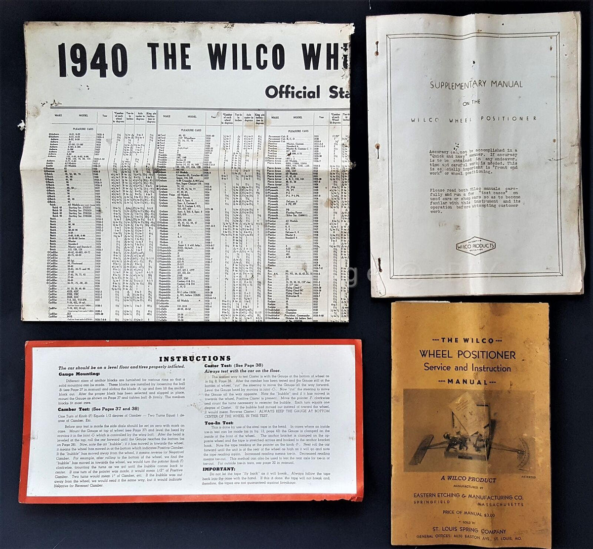 1940 antique WILCO WHEEL POSITIONER tools box paper auto mechanic car