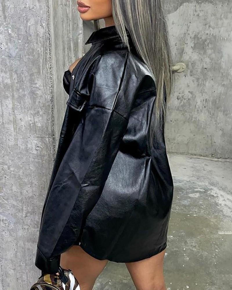 pu leather buttoned pocket design shacket