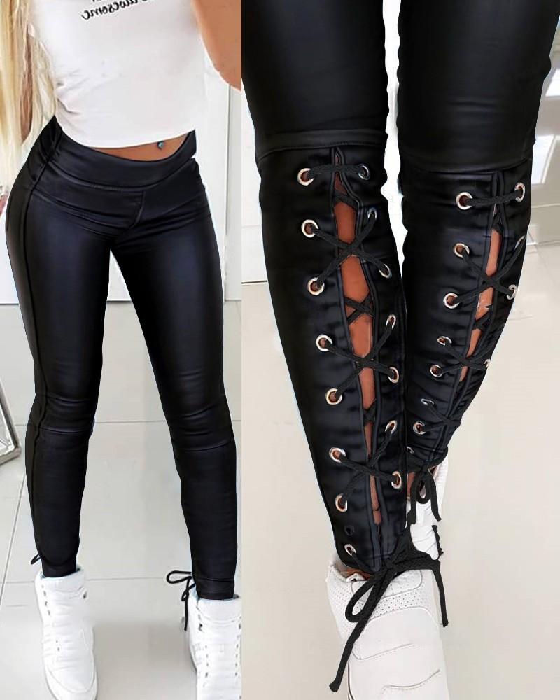 solid color pu leather eyelet lace-up skinny pants