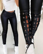 solid color pu leather eyelet lace-up skinny pants