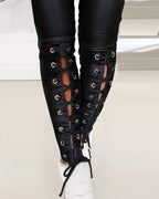 solid color pu leather eyelet lace-up skinny pants