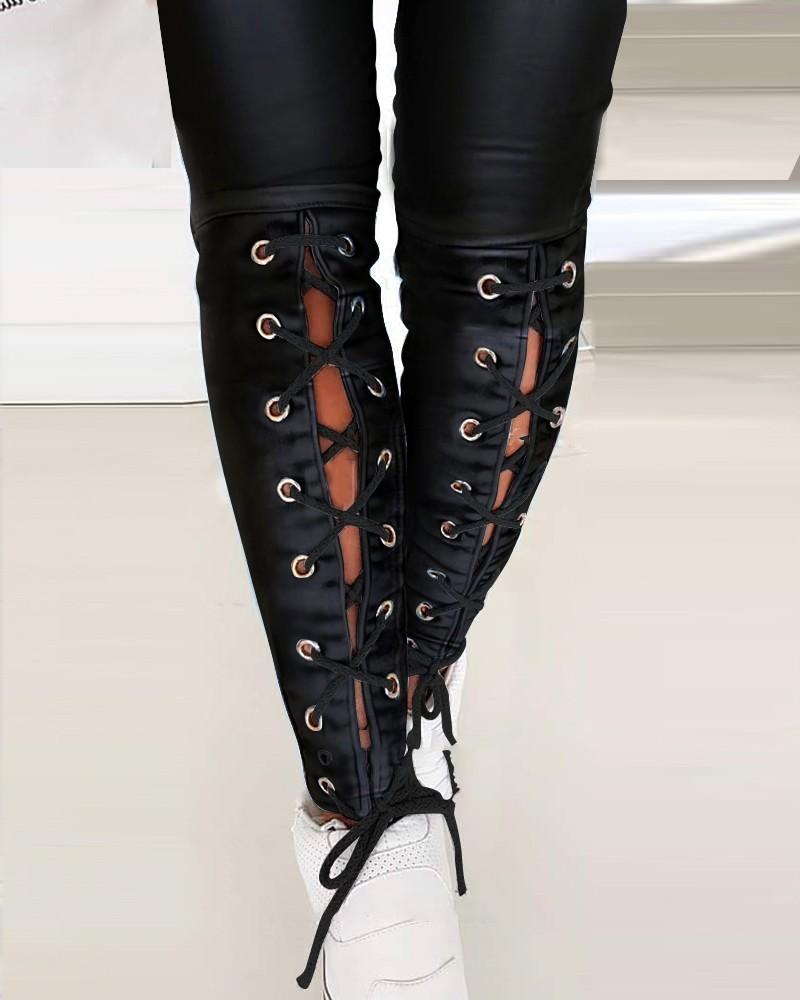 solid color pu leather eyelet lace-up skinny pants