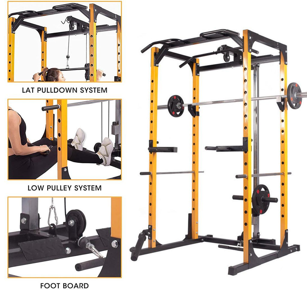 Mikolo Multi-Function Adjustable Power Rack, Trainer adjustable strength Training Equipment Power Cawith J-Hooks, Dip Bars For Home Gym