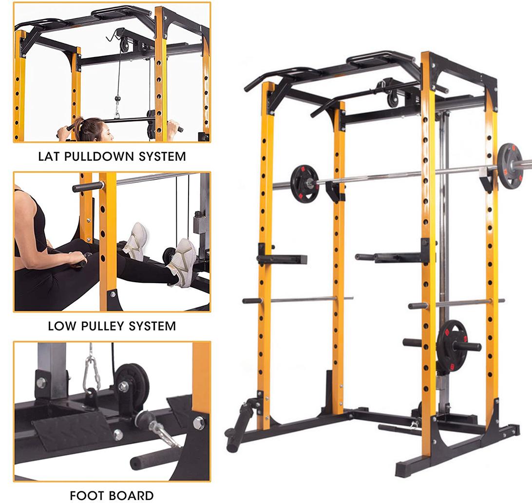 Mikolo Multi-Function Adjustable Power Rack, Trainer adjustable strength Training Equipment Power Cawith J-Hooks, Dip Bars For Home Gym
