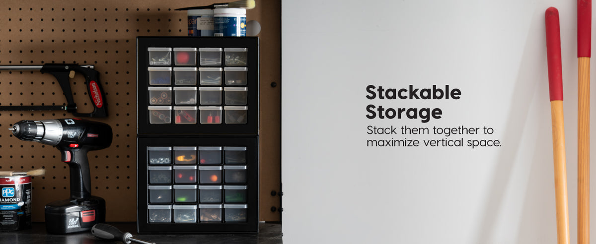 26-Drawer Teacher Toolbox, Made in USA, Stackable Plastic StoraDrawers for Crafts, Stickers, Crayons, Markers, Beads, Hardware, Building Bricks, Organizer Cabinet, GaraStorage, Black