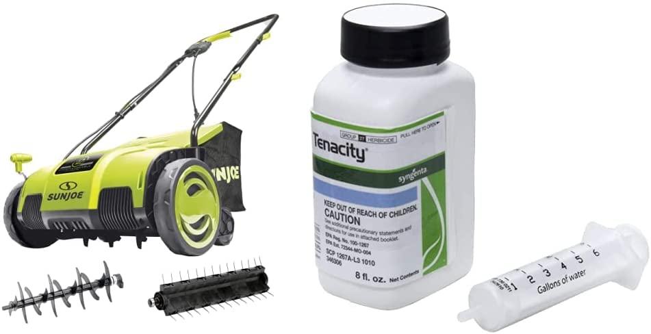 sun joe aj798e 12-amp 13-inch electric dethatcher and scarifier &amp; syngenta 46256 tenacity 8oz herbicide, clear
