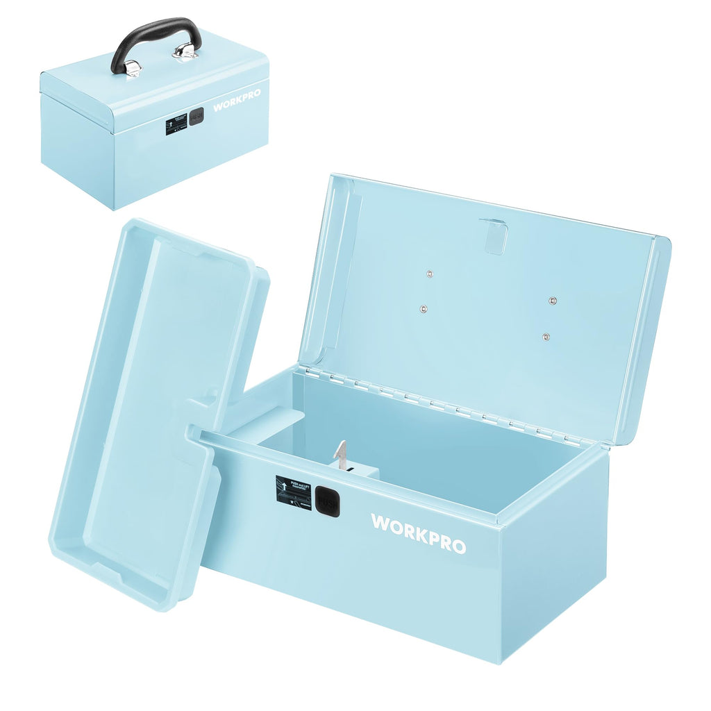 10.8" Mini Metal Tool Box with Removable Tray | Steel Toolbox, One-Button Latch, PP Handle, Removable Tray, Portable Storage, Home and Workshop Organization