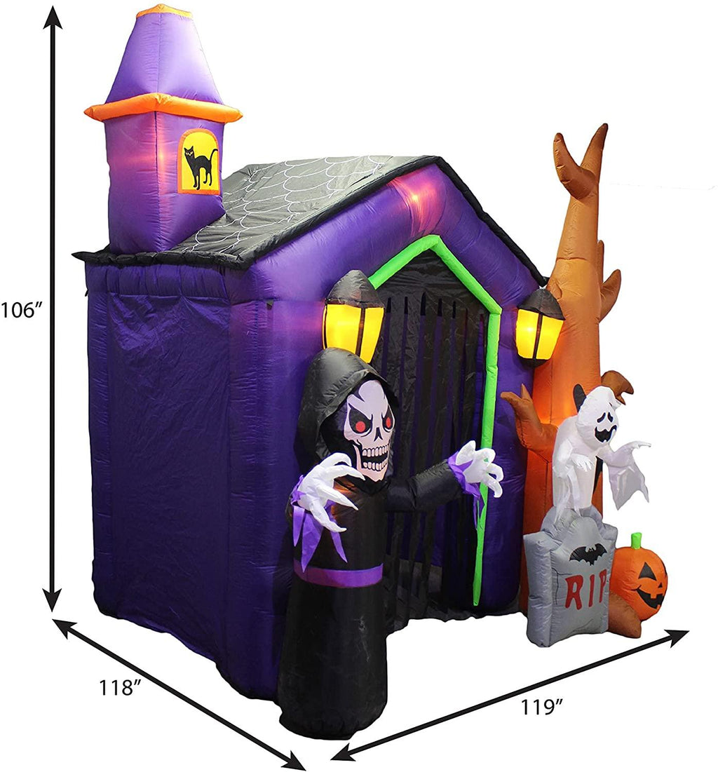 8.5 Foot Halloween Inflatable Haunted House Castle with Skeleton, Ghost, Tree and Pumpkin Lights Decor Outdoor Indoor Holiday Decorations, Blow up Lighted Yard Decor, Lawn Inflatables Home Family Outside