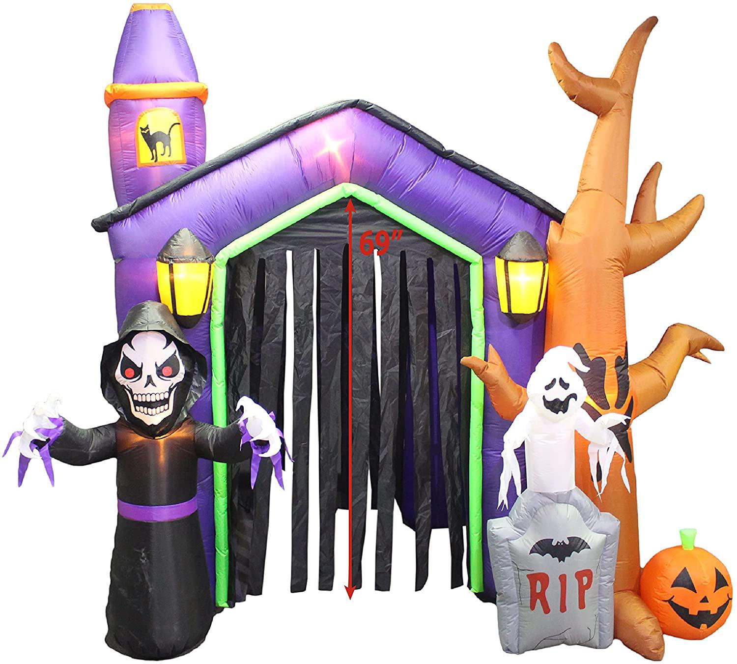 8.5 Foot Halloween Inflatable Haunted House Castle with Skeleton, Ghost, Tree and Pumpkin Lights Decor Outdoor Indoor Holiday Decorations, Blow up Lighted Yard Decor, Lawn Inflatables Home Family Outside