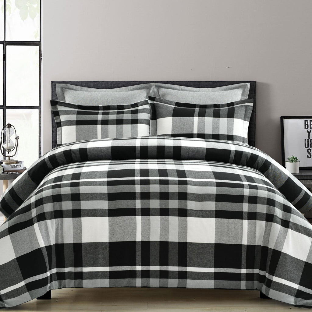 Lush Decor Farmhouse Yarn Dyed Plaid Eco-Friendly Recycled Cotton Reversible Comforter, Full/Queen, Black/White, 5-Pc Set