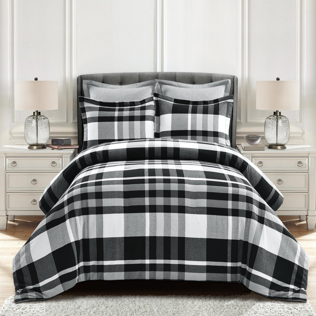 Lush Decor Farmhouse Yarn Dyed Plaid Eco-Friendly Recycled Cotton Reversible Comforter, Full/Queen, Black/White, 5-Pc Set