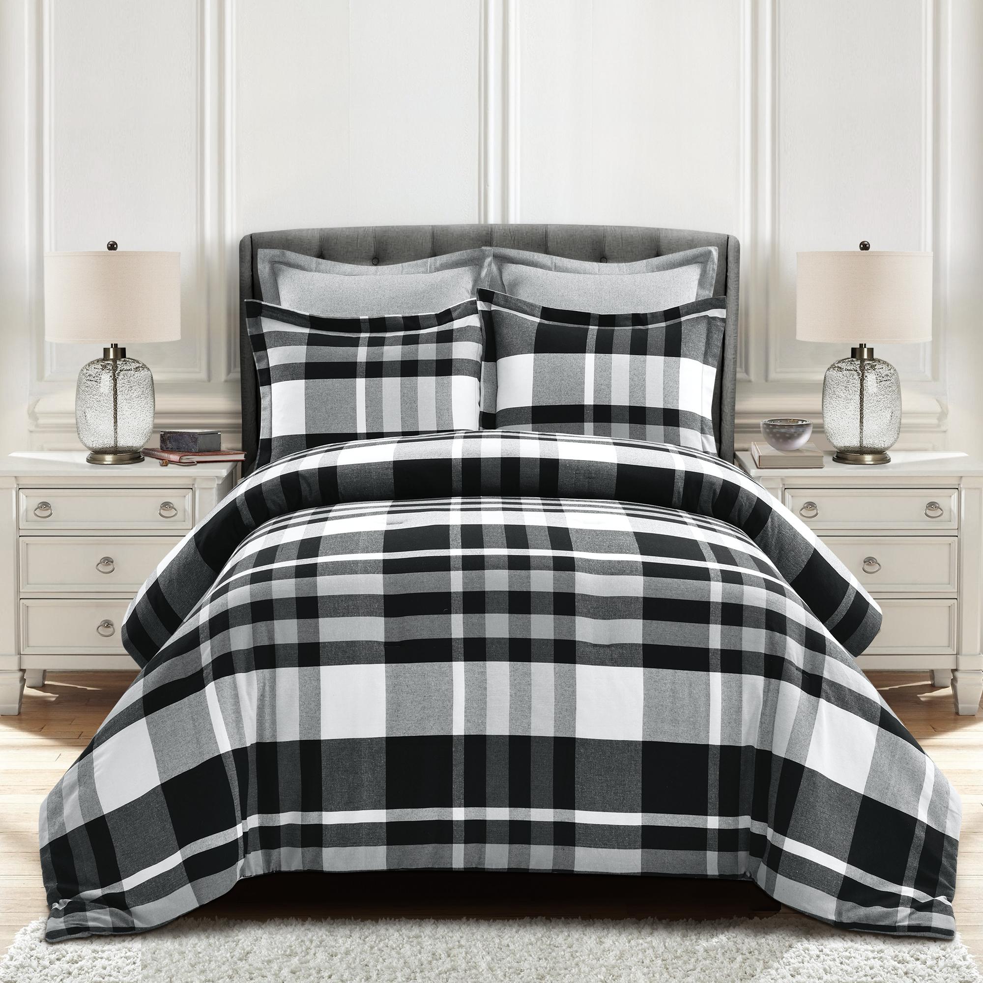 Lush Decor Farmhouse Yarn Dyed Plaid Eco-Friendly Recycled Cotton Reversible Comforter, Full/Queen, Black/White, 5-Pc Set