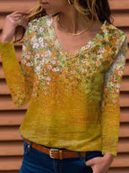 V-neck Floral Print Loose Casual Long Sleeve T-shirt