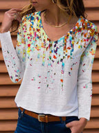 V-neck Floral Print Loose Casual Long Sleeve T-shirt