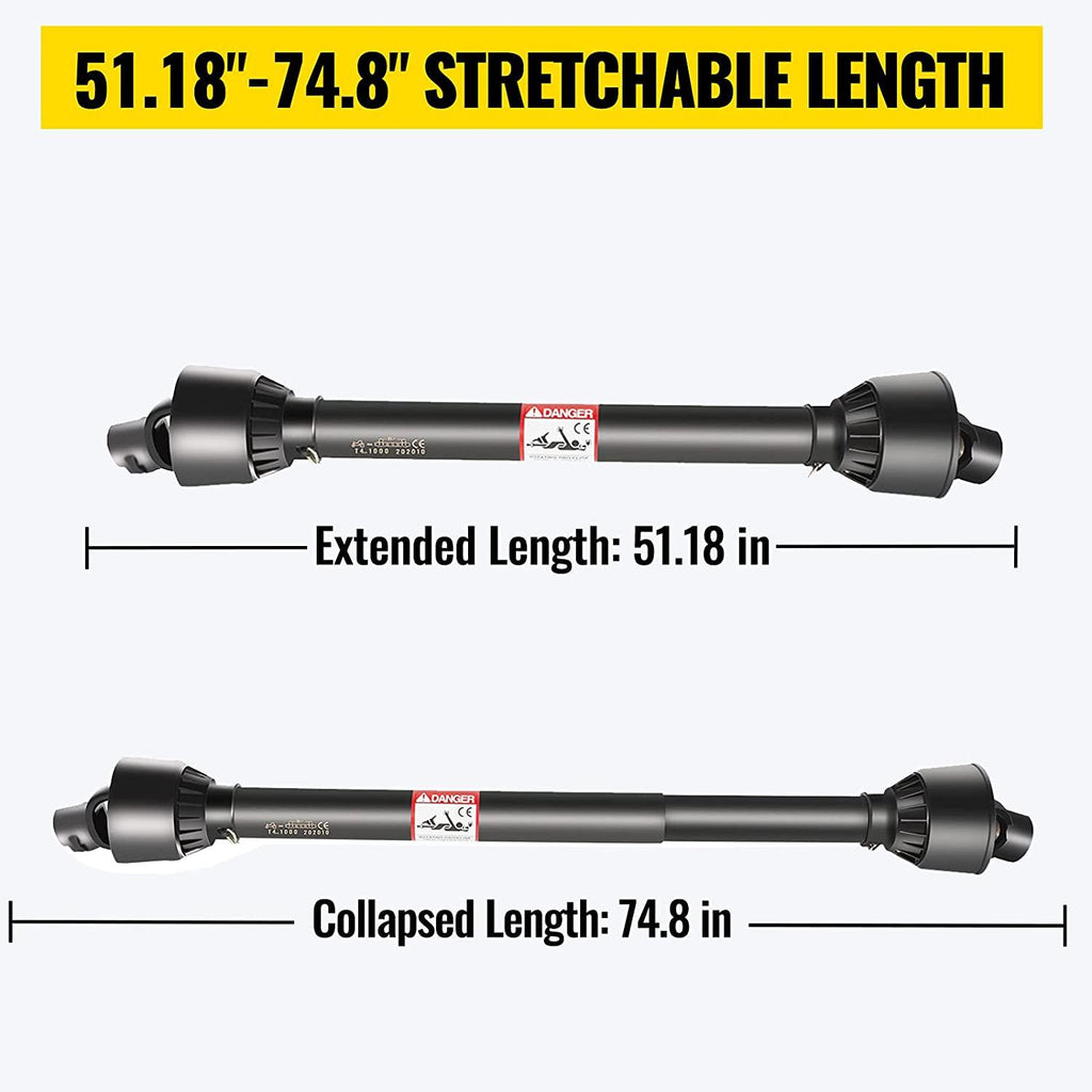 vevor pto shaft, 1-3/8" pto drive shaft, 6 spline end and round implement end pto driveline shaft, series 4 tractor pto shaft, 51"-75" brush hog pto shaft, for finish mower, rotary cutter