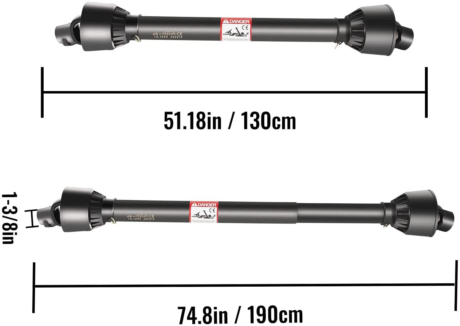 vevor pto shaft, 1-3/8" pto drive shaft, 6 spline end and round implement end pto driveline shaft, series 4 tractor pto shaft, 51"-75" brush hog pto shaft, for finish mower, rotary cutter