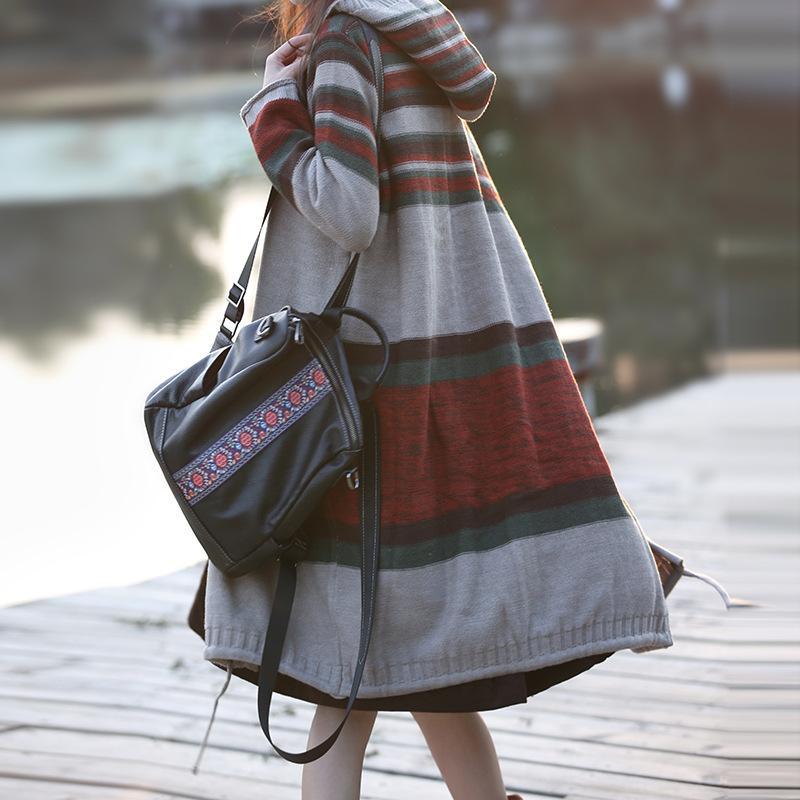 Autumn Stripe Knitted Casual Hoodie Cardigan Sweater