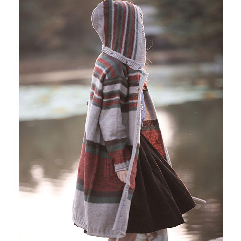 Autumn Stripe Knitted Casual Hoodie Cardigan Sweater