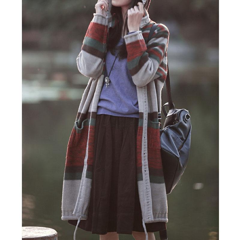 Autumn Stripe Knitted Casual Hoodie Cardigan Sweater