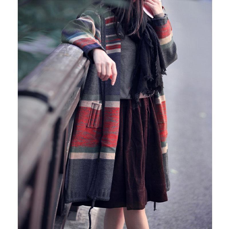 Autumn Stripe Knitted Casual Hoodie Cardigan Sweater