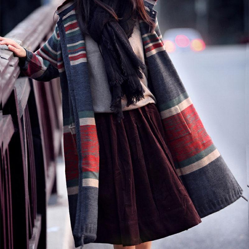 Autumn Stripe Knitted Casual Hoodie Cardigan Sweater