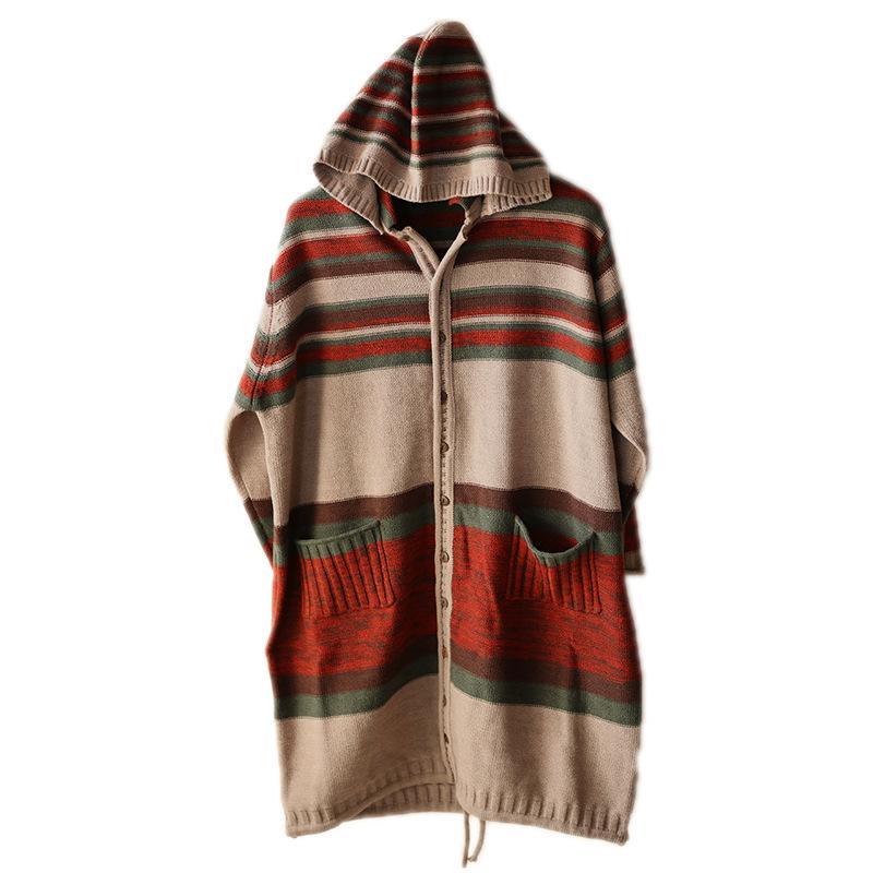 Autumn Stripe Knitted Casual Hoodie Cardigan Sweater
