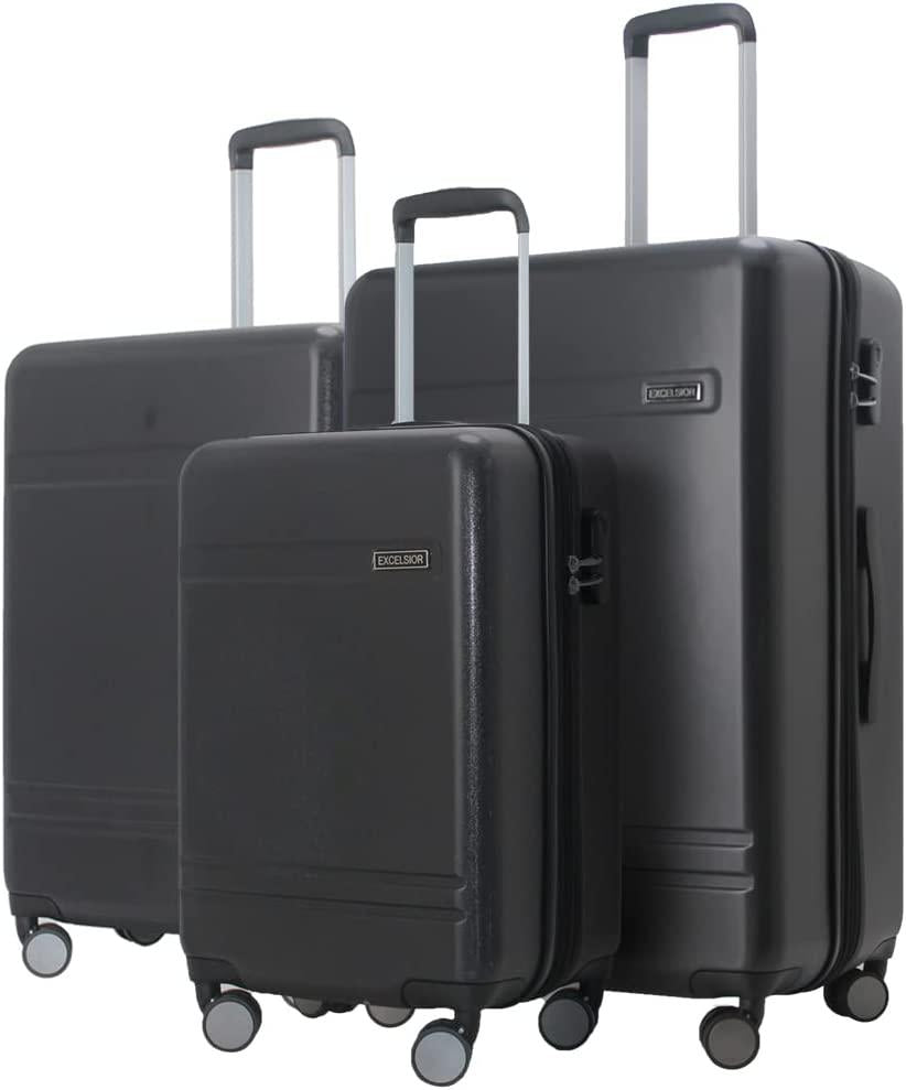 EXCELSIOR practical PC+ABS suitcase Spinner Wheels scratch-resistant Lightweight Spinner Expandable Suitcase, Universal wheel, (Giant series-02) (Black, 3-Piece Set(20"/24"/28"))