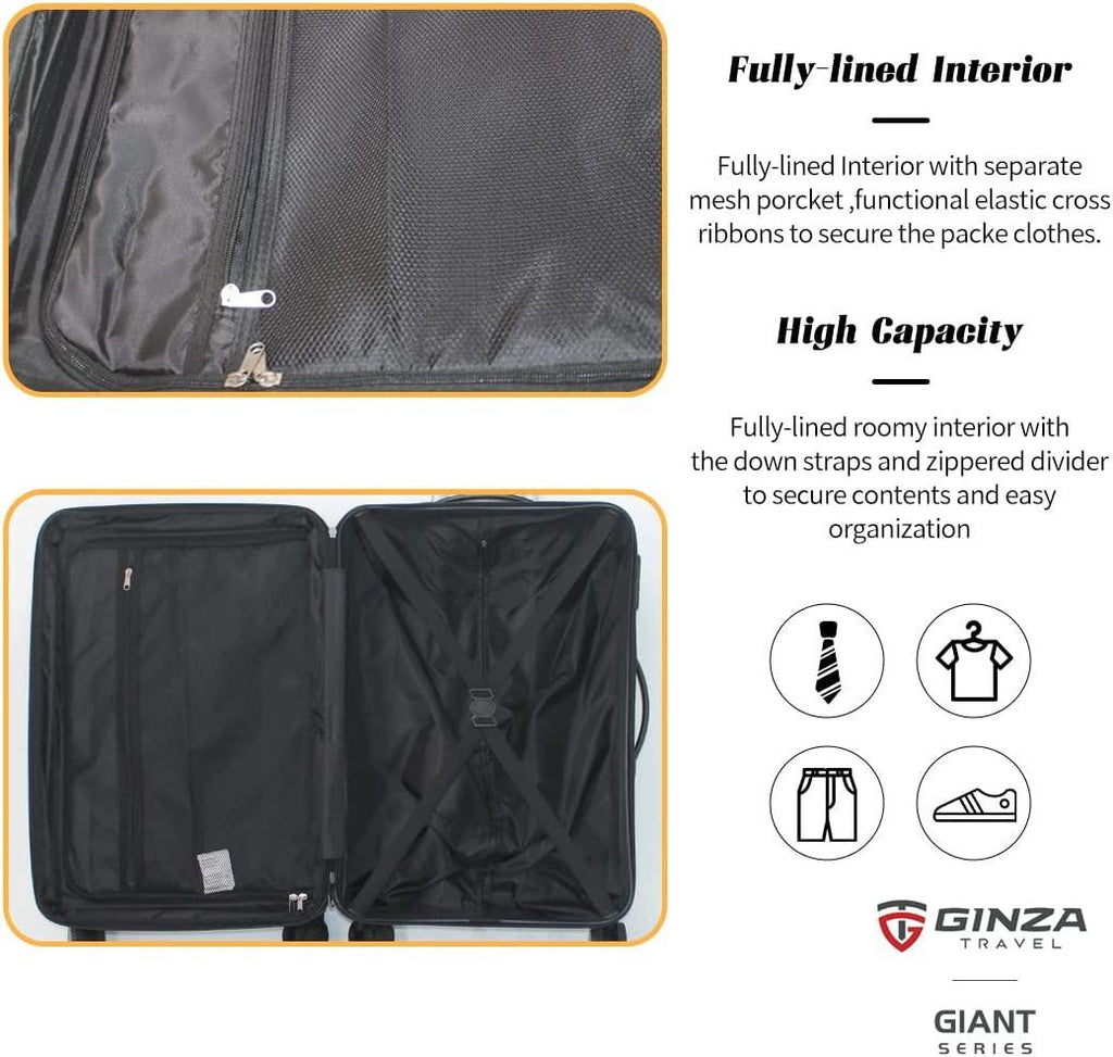 EXCELSIOR practical PC+ABS suitcase Spinner Wheels scratch-resistant Lightweight Spinner Expandable Suitcase, Universal wheel, (Giant series-02) (Black, 3-Piece Set(20"/24"/28"))