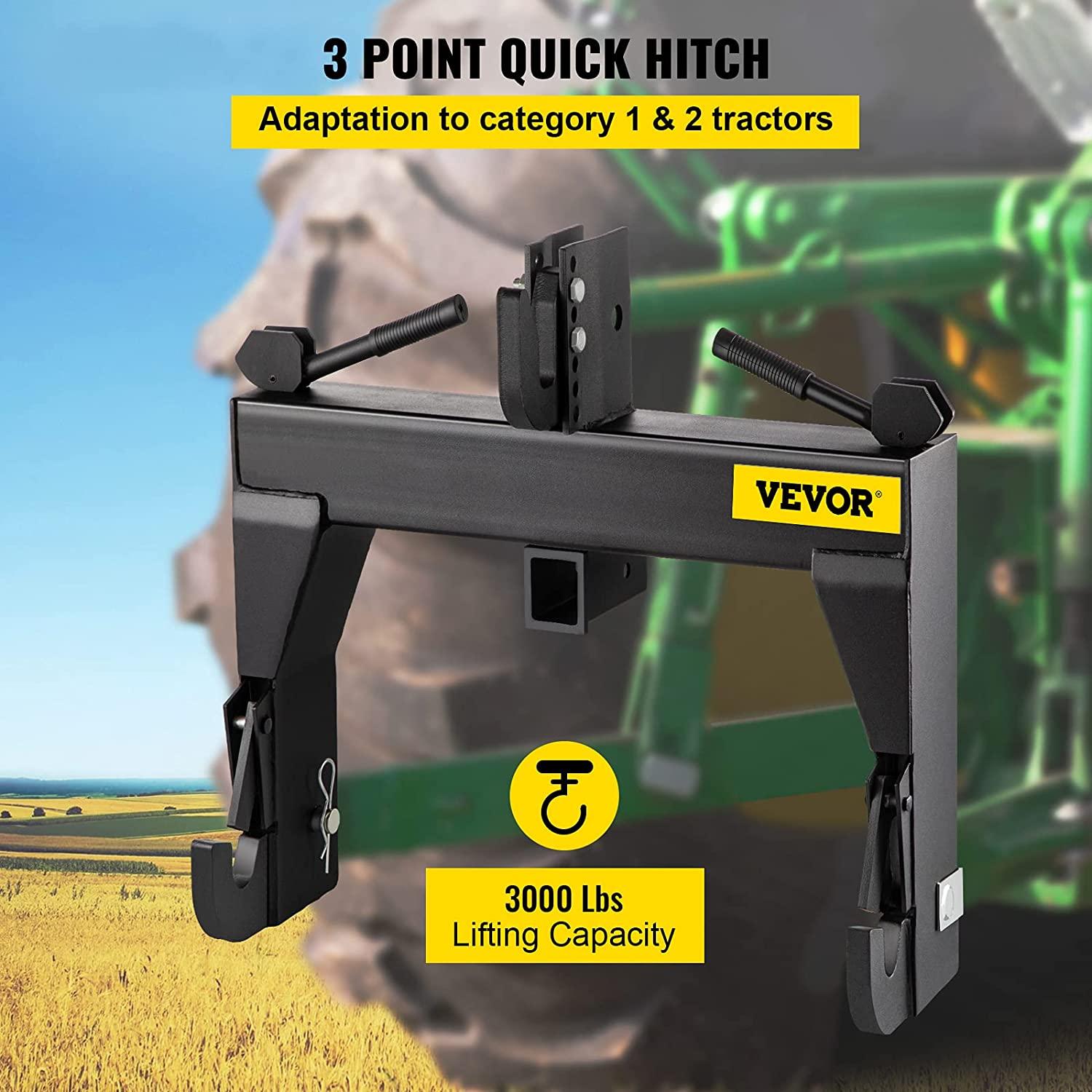 vevor 3-point quick hitch, 3000 lbs lifting capacity tractor quick hitch, 27.5" between lower arms attachments quick hitch, no welding &amp; 5 level adjustable bolt, adaptation to category 1 &amp; 2 tractors