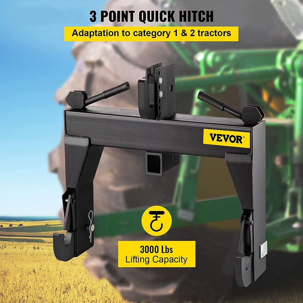 vevor 3-point quick hitch, 3000 lbs lifting capacity tractor quick hitch, 27.5" between lower arms attachments quick hitch, no welding &amp; 5 level adjustable bolt, adaptation to category 1 &amp; 2 tractors