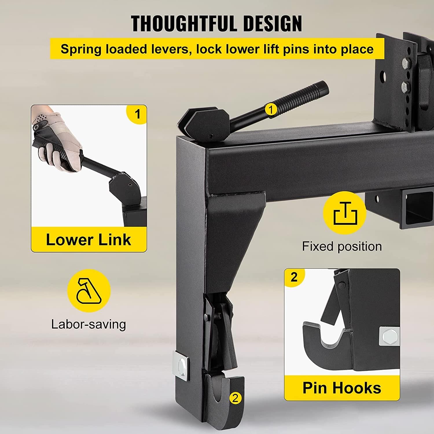 vevor 3-point quick hitch, 3000 lbs lifting capacity tractor quick hitch, 27.5" between lower arms attachments quick hitch, no welding &amp; 5 level adjustable bolt, adaptation to category 1 &amp; 2 tractors