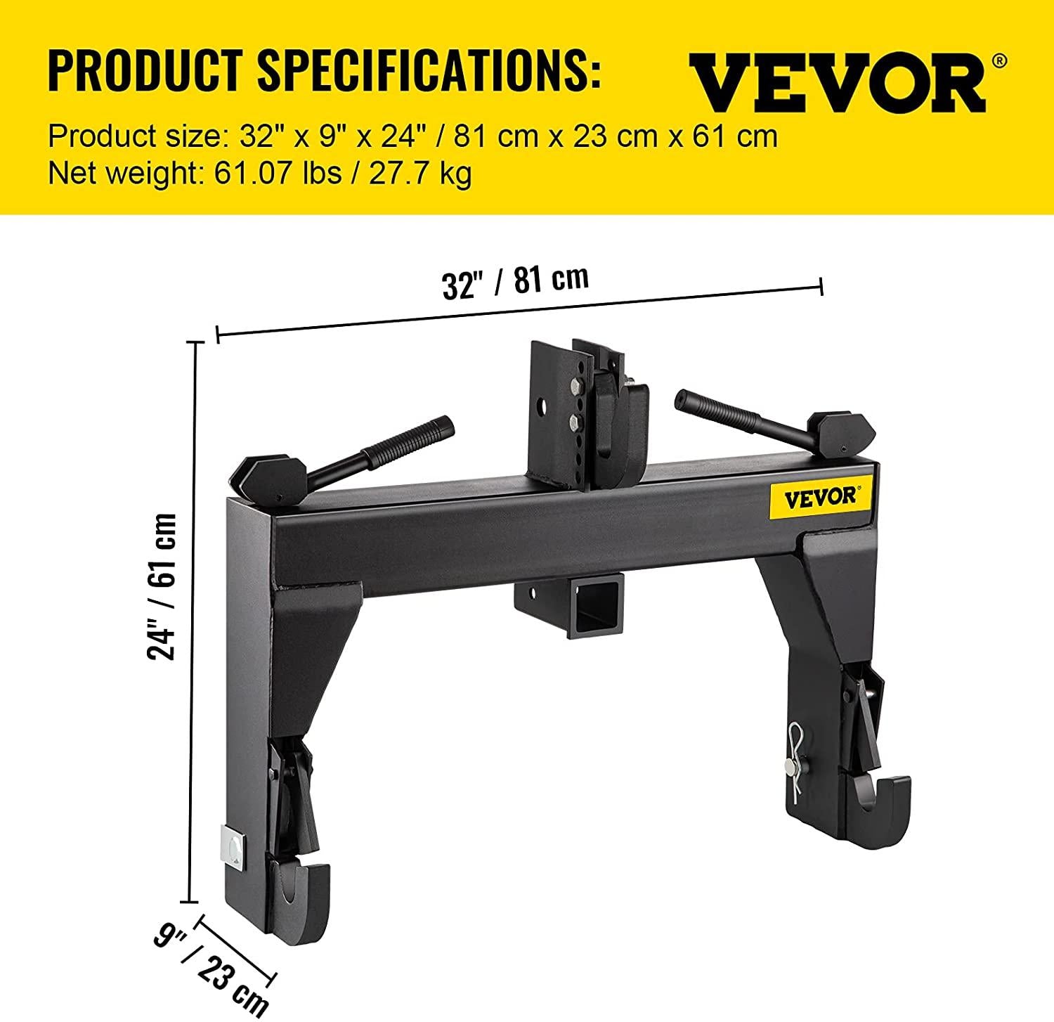 vevor 3-point quick hitch, 3000 lbs lifting capacity tractor quick hitch, 27.5" between lower arms attachments quick hitch, no welding &amp; 5 level adjustable bolt, adaptation to category 1 &amp; 2 tractors