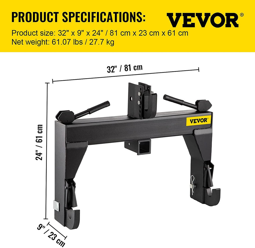 vevor 3-point quick hitch, 3000 lbs lifting capacity tractor quick hitch, 27.5" between lower arms attachments quick hitch, no welding &amp; 5 level adjustable bolt, adaptation to category 1 &amp; 2 tractors