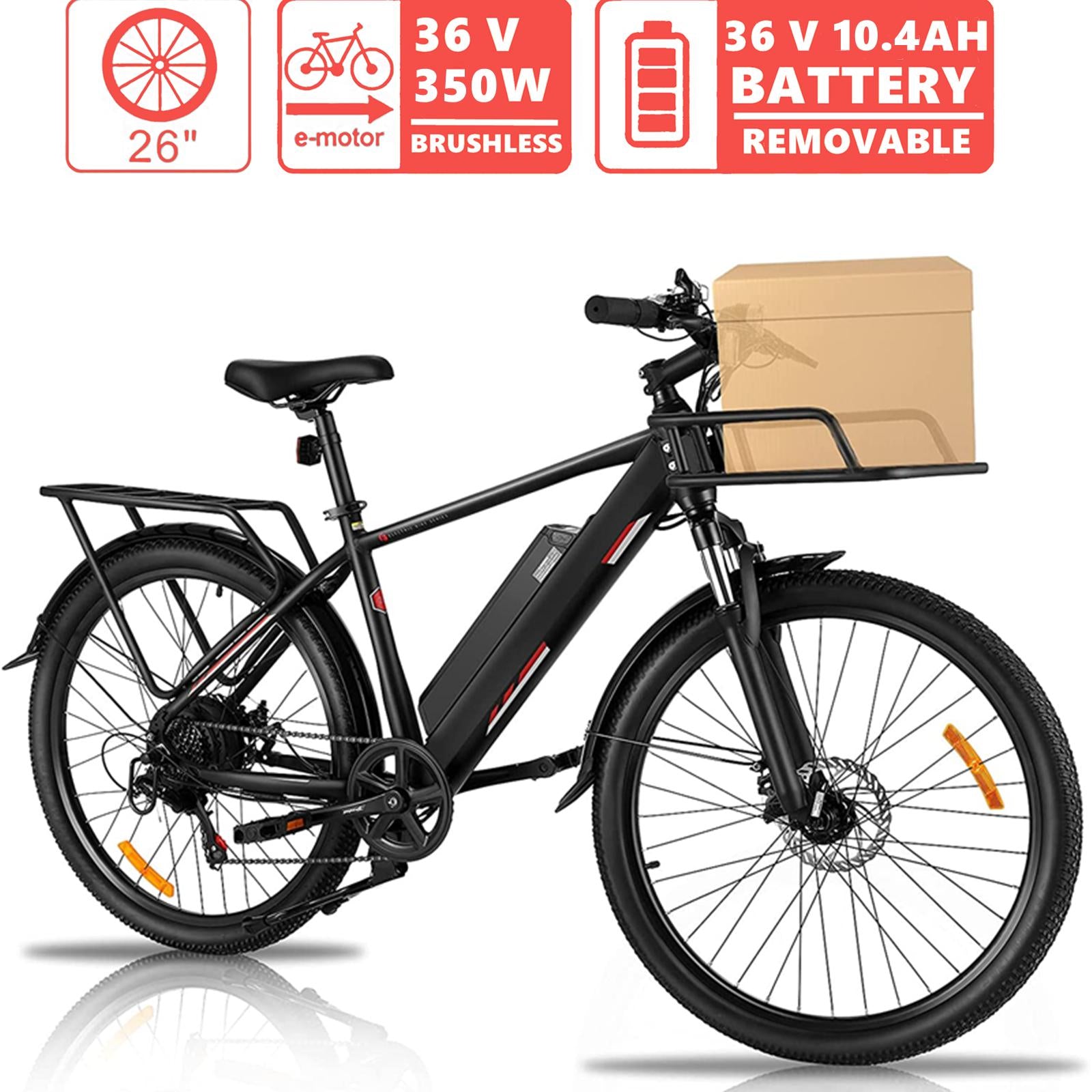 26 In. Electric Bike for Adults, 20MPH 350W Electric Mountain Bike 7-Speed Commuter Bicycle Hybrid Road E-Bike with 36V, 10.4AH Removable Battery, Shock Absorption, Front Cargo Rack for Women, Men