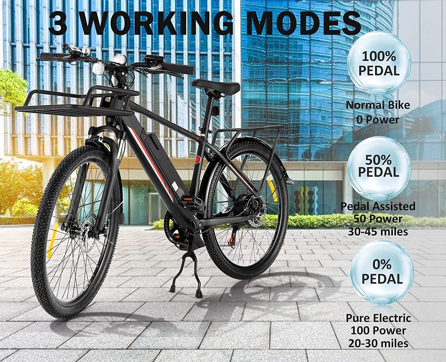 26 In. Electric Bike for Adults, 20MPH 350W Electric Mountain Bike 7-Speed Commuter Bicycle Hybrid Road E-Bike with 36V, 10.4AH Removable Battery, Shock Absorption, Front Cargo Rack for Women, Men