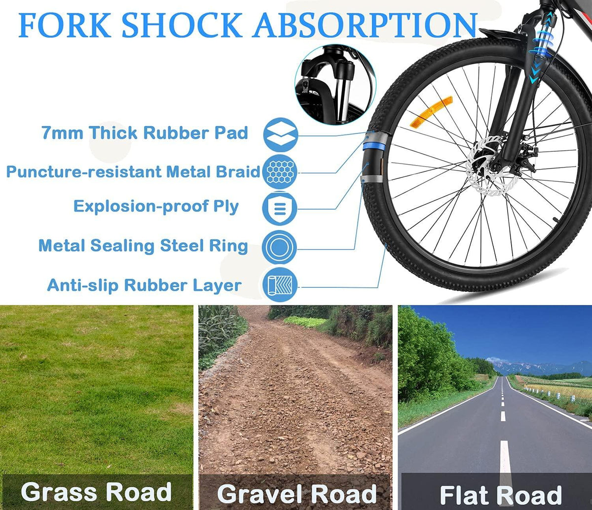 26 In. Electric Bike for Adults, 20MPH 350W Electric Mountain Bike 7-Speed Commuter Bicycle Hybrid Road E-Bike with 36V, 10.4AH Removable Battery, Shock Absorption, Front Cargo Rack for Women, Men